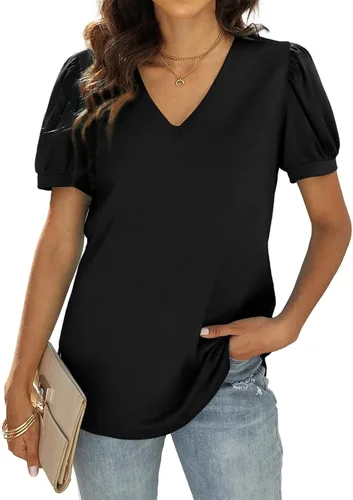 Vista 2 de WIHOLL - Blusas de verano para mujer, con cuello en V y mangas abullonadas, camisetas de moda casual