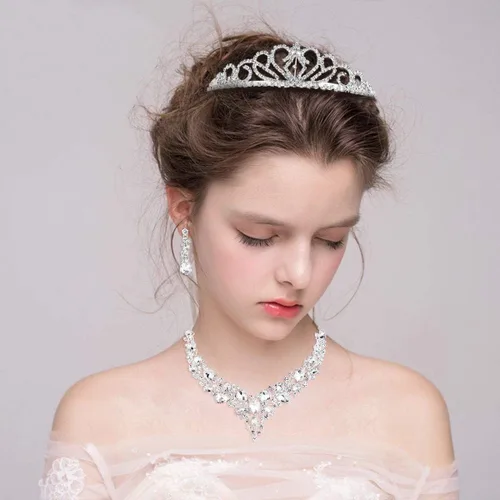Vista 2 de Paxuan - Collar de plata con cristales de imitación para boda aretes brazalete corona tiara juegos de joyería para novias damas de honor vestidos