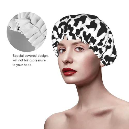 Vista 4 de Gorro de ducha de granja de animales abstractos de piel de vaca en blanco y negro para mujer, doble capa impermeable ajustable, gorra de baño