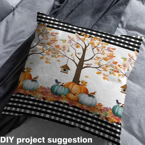 Vista 3 de The Yard - Tela con texto en inglés «Hello Fall», 36 pulgadas de largo x 59 pulgadas de ancho, hojas de árbol de calabaza otoñal, tela de tapicería