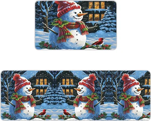 Vista 11 de Prime Leader Juego de 2 tapetes de cocina con diseño de muñeco de nieve de Navidad, copos de nieve, azul marino, antideslizantes, tapetes lavables