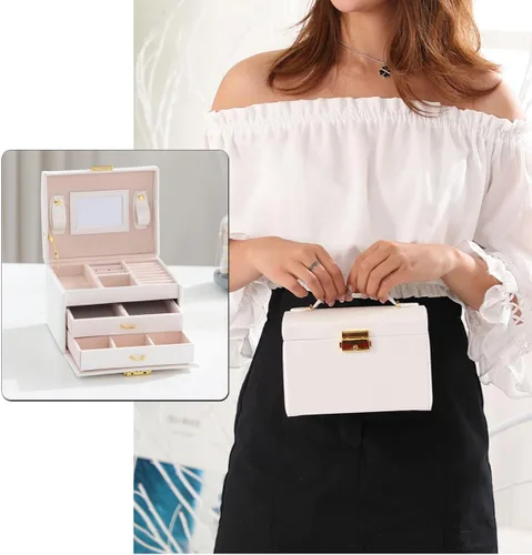 Vista 6 de Joyero para niñas, elegante organizador de joyas de 3 capas con espejo y cerradura, regalo ideal para edades de 8 a 12 años, estuche de viaje
