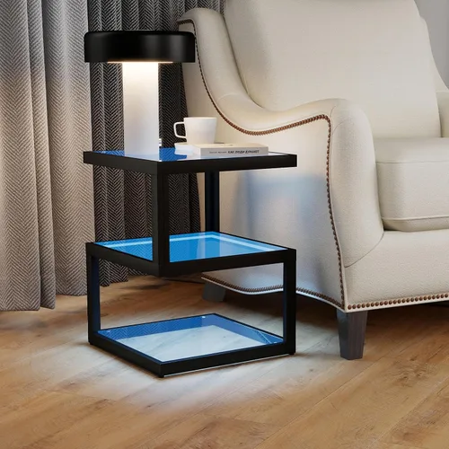 Vista 8 de Mesa auxiliar de vidrio Permory, mesa lateral de 3 niveles con tira de LED, mesa de diseño único en forma de S para sala de estar y dormitorio