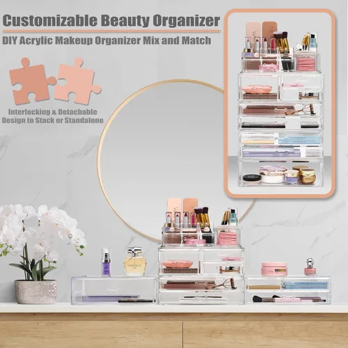 Vista 5 de Sorbus Cajones acrílicos apilables, 1 cajón de almacenamiento transparente para organizar paletas de maquillaje, accesorios para el cabello de uñas