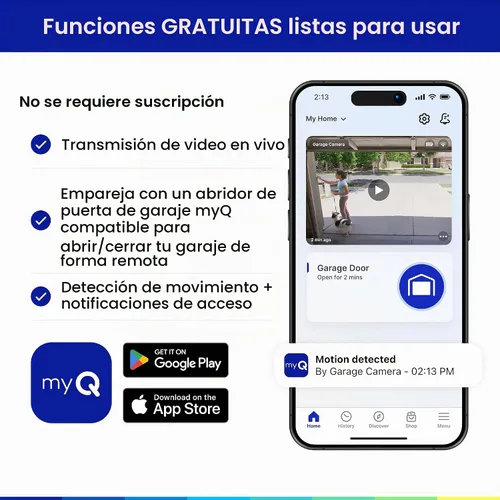 Vista 8 de myQ - Cámara enchufable para garaje Gen 2 – Cámara de garaje inteligente Wi-Fi 2K con visión nocturna, lente gran angular, audio de 2 vías, base