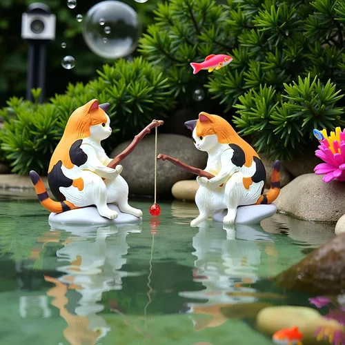 Vista 5 de GANPUB 2 figuras de pesca de gato, bonita decoración de estatua de gato, mini decoraciones de resina, escultura artesanal para tanques de acuario