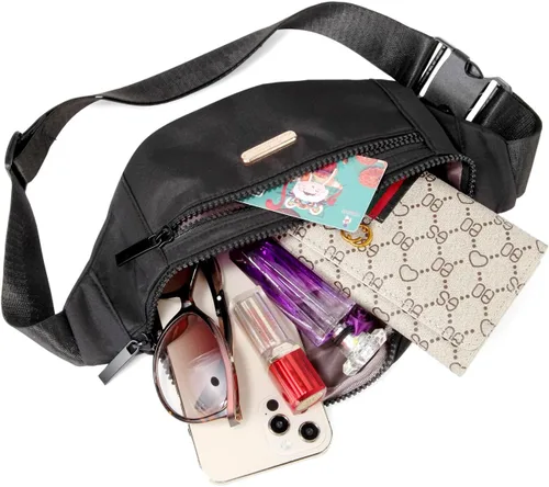 Vista 6 de Riñonera para mujer, bolsa de cintura de moda con correa ajustable para viajes, deportes y correr, Negro, talla única