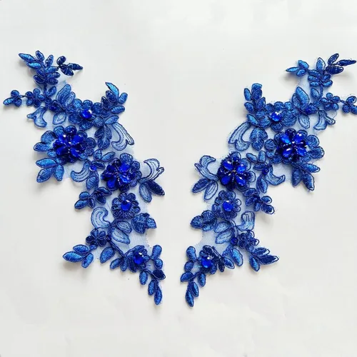 Vista 18 de Parches de tela de encaje fino bordados con diamantes de imitación bordados, decoración de vestido para coser en lentejuelas cuentas, accesorio