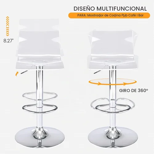 Vista 5 de Taburetes de bar acrílicos con respaldo medio, juego de 2 soportes giratorios ajustables transparentes