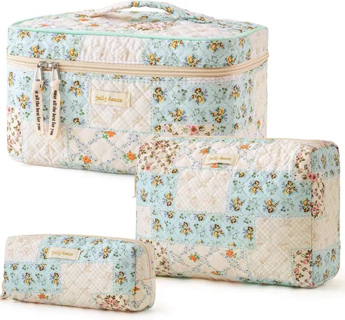 Vista 9 de HBselect Bolsa de Maquillaje Acolchada, 3 Piezas de Gran Bolsa de Maquillaje de Viaje de Algodón, Linda Bolsa de Maquillaje Floral Coquette, Bolsa