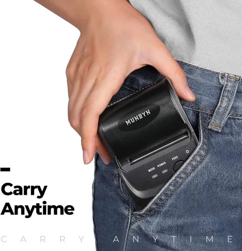 Vista 6 de MUNBYN Impresora térmica Bluetooth inalámbrica Android con funda de transporte, mini impresora portátil de recibos de facturas de 2 pulgadas