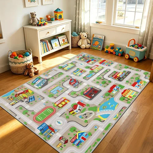 Vista 21 de Capslpad Alfombra Azul de Coche y Carretera para Niños, Alfombra de Juego para Sala de Juegos, Alfombra Antideslizante Lavable con Mapa de la Ciudad