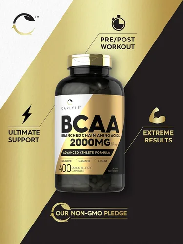Vista 4 de Carlyle BCAA Cápsulas 2000 mg 400 píldoras en polvo Mezcla de suplemento de aminoácidos para mujeres y hombres con L-isoleucina