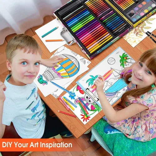 Vista 6 de Suministros de arte, juego de 180 piezas para dibujar y pintar para niños, niñas, niños, adolescentes, juego de arte para colorear con estuche