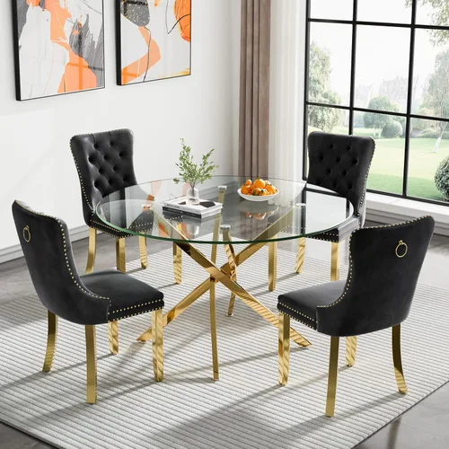 Vista 102 de Juego de mesa de comedor SSLine moderno de 3 piezas con mesa redonda de vidrio para 2, lujosa mesa de comedor circular de 36" con tapa de vidrio