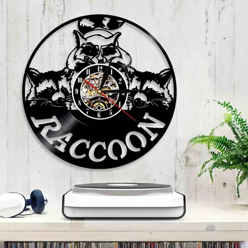 Vista 4 de Reloj de pared de disco de vinilo, arte de mapache, reloj de pared decorativo, diseño moderno, reloj de vinilo animal, decoración de pared, reloj