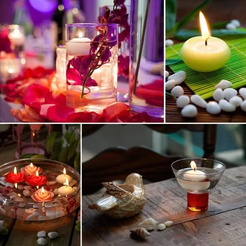 Vista 5 de T-shin Velas flotantes, velas clásicas sin perfume con 100 pétalos de rosa de seda, mini discos de vela para bodas, aniversarios, cumpleaños