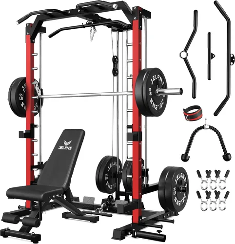 Vista 18 de JELENS SR01 Smith Machine, jaula de potencia multifunción de 2000 libras con sistema de extracción LAT, estante para sentadillas todo en uno