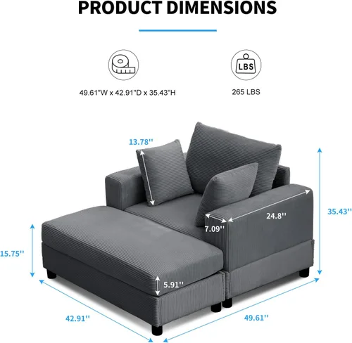 Vista 2 de PUREMIND Tumbona de 43 pulgadas para interiores con otomana, tumbona de gran tamaño con almohadas, cómodas sillas de lectura para adultos, sofá cama