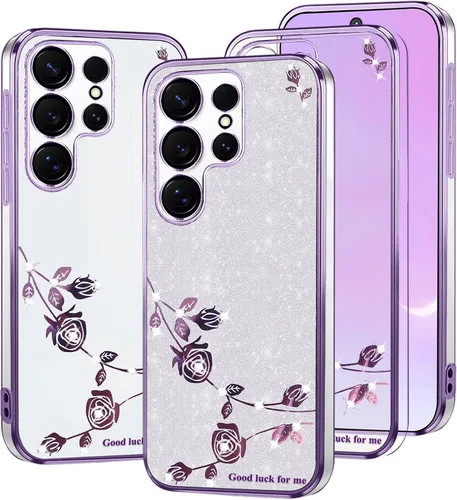Vista 10 de Kainevy - Funda para Samsung Galaxy S23 Ultra, funda transparente con purpurina rosa floral para mujeres y niñas, bonita funda para Samsung S23