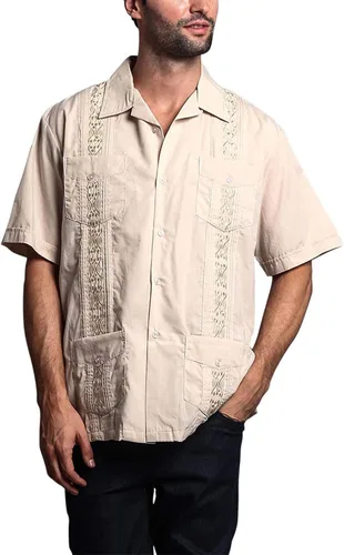 Vista 5 de G-style EE. UU. Remera playera mangas cortas de guayabera cubana para hombres, Beige