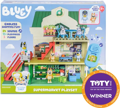 Vista 9 de Bluey Bluey - Juego de supermercado y bingo con escalera mecánica, juguetes de simulación para niños pequeños, sonidos y 15 piezas, juego de tienda