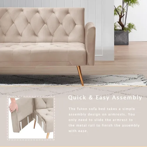 Vista 6 de Sofá cama futón de terciopelo con 2 almohadas, sofá cama convertible con respaldo ajustable de 3 ángulos, sofá biplaza moderno con 4 patas de metal