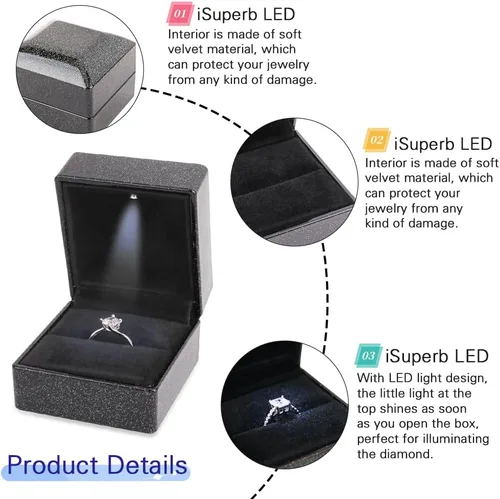Vista 3 de iSuperb Caja de anillo con luces LED, 2 unidades, para propuestas, compromisos, bodas, regalos (paquete de 2 unidades, cielo estrellado, negro)