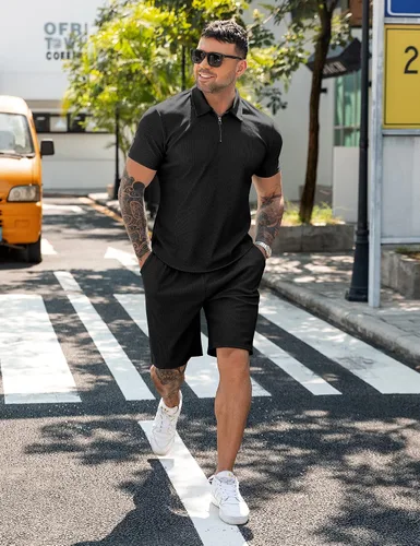 Vista 2 de URRU Conjunto de camisa polo y pantalones cortos para hombre, trajes de verano casuales de manga corta para hombre, conjunto de 2 piezas