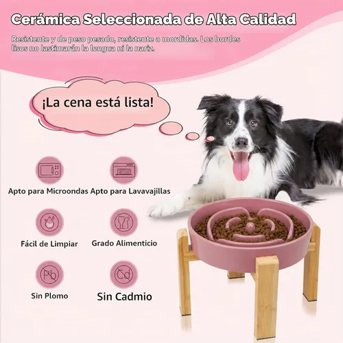 Vista 4 de Cuenco elevado para perros de alimentación lenta – Plato de comida de cerámica con soporte de bambú – Diseño de laberinto elevado – Ideal para Rosa