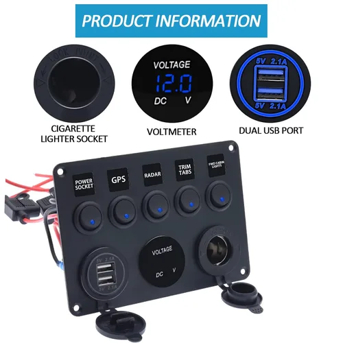 Vista 2 de KAOLALI Panel de interruptores de palanca de 5 bandas, panel de interruptores marinos automotrices, panel de interruptores impermeable de 12 V