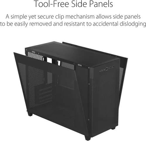 Vista 5 de Cajas de PC ASUS Prime AP201 de 33 litros Micro ATX color negro con paneles laterales sin herramientas y malla de filtro cuasi, con soporte