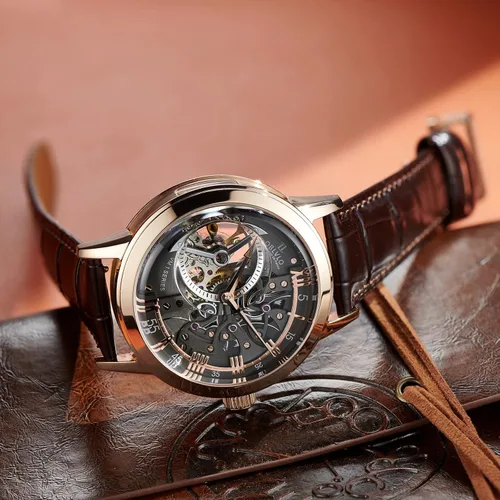 Vista 3 de OBLVLO Relojes de oro rosa de lujo para hombre, esfera esquelética, relojes automáticos, correa de cuero VM-1