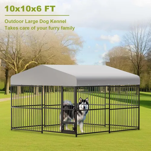 Vista 5 de Perrera para perros exteriores de 10 x 10 x 6 pies con techo, perreras resistentes al aire libre para perros grandes, con techo impermeable