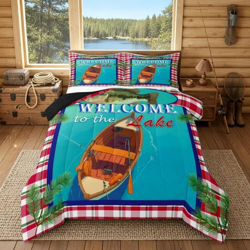 Vista 21 de Juego de edredón de casa del lago, tamaño individual, juego de ropa de cama con ancla náutica para niños, adolescentes y adultos, edredón retro