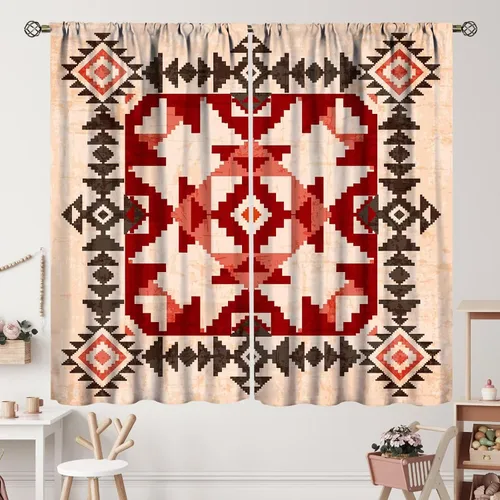 Vista 243 de Cortinas con patrón geométrico tribal, estilo suroeste, azteca, rústico, occidental, nativo americano, opacas, con bolsillo para barra, decoración