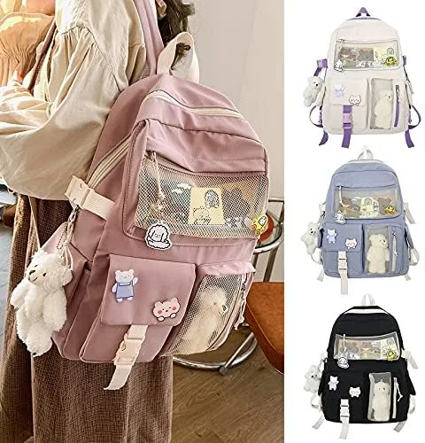 Vista 2 de Mochila kawaii con pin kawaii y accesorios, bonita mochila kawaii para mochila escolar, mochila kawaii para niña linda, Rosado, L, Suave