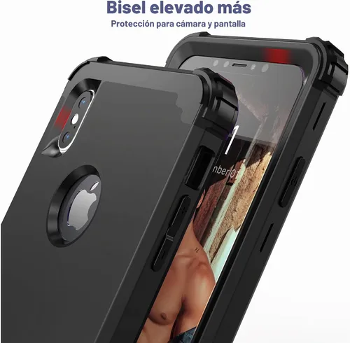 Vista 6 de IDweel Funda para iPhone Xs Max con protector de pantalla de vidrio templado, absorción de golpes 3 en 1, protección resistente, cubierta de Negro