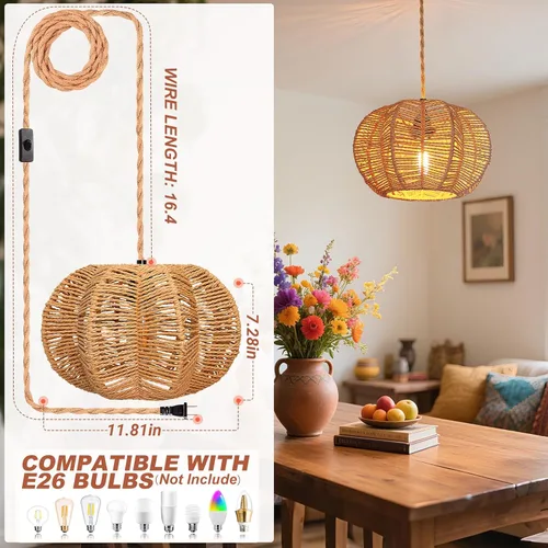 Vista 6 de Luces Colgantes con Cable de Enchufe, Lámpara Colgante de Ratán, Luminarias de Techo Boho, Lámpara Colgante de Estilo Rústico para Sala de Estar