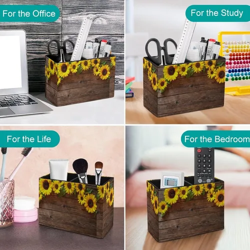 Vista 4 de Soporte para bolígrafos, soporte para lápices para organizador de escritorio, girasol floral de madera, tazas de cuero sintético, almacenamiento