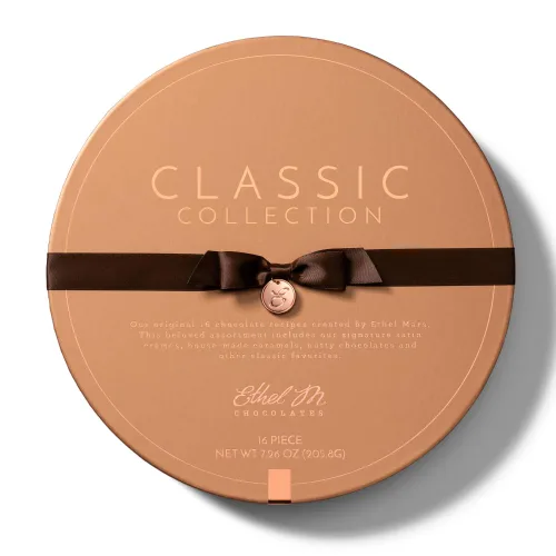Vista 5 de Ethel M.Classic Collection - Surtido de 32 piezas de chocolate negro y leche de primera calidad en caja redonda de cobre, caramelo masticable