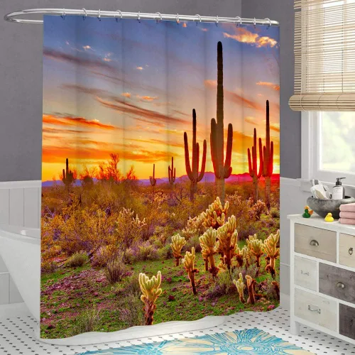 Vista 4 de LUKUY Saguaro - Cortina de ducha para el baño, diseño de paisaje del desierto de Arizona con cactus montaña al atardecer, tela de tela con ganchos