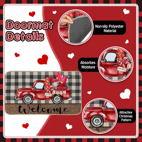 Vista 3 de Tatuo Tapete decorativo para el día de San Valentín, tapete decorativo a cuadros rojos para camión, gnomo, tapete de bienvenida, antideslizante