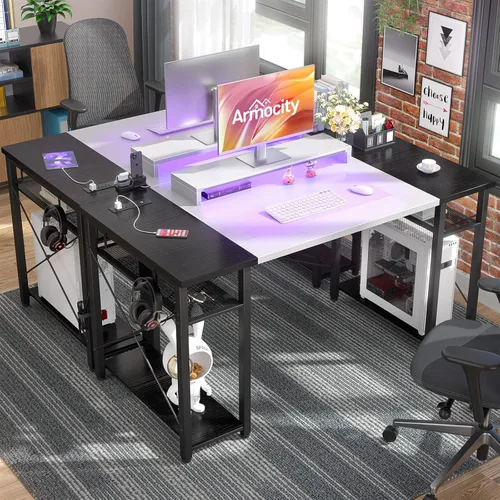Vista 2 de Armocity Escritorio para computadora con luces LED, escritorio de 48 pulgadas con toma de corriente y USB, escritorio grande reversible con soporte