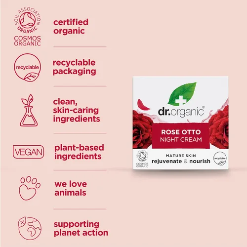 Vista 4 de Dr. Organic Rose Otto Night Cream Rejuvinizante para pieles maduras, ayuda en el envejecimiento saludable, promueve la piel joven y tonificada