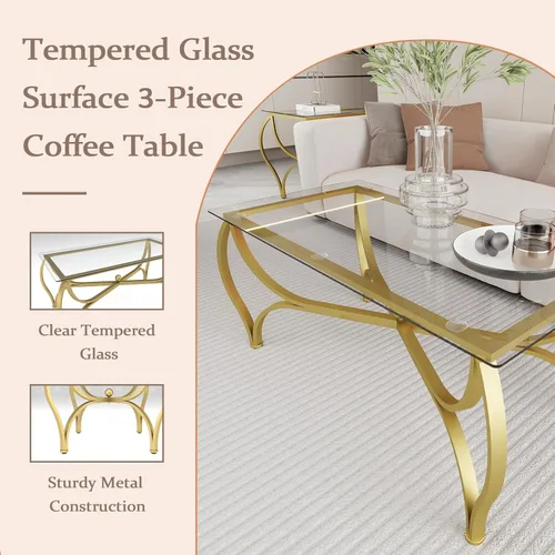 Vista 4 de Juego de mesa auxiliar de 3 piezas con vidrio templado, mesa auxiliar rectangular y 2 mesas auxiliares cuadradas, juego moderno de muebles de sala
