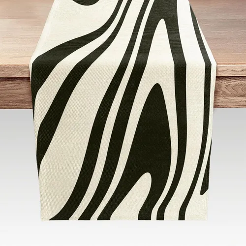Vista 5 de Camino de mesa negro salvia, estético retro bohemio de los años 70, decoración abstracta de remolinos ondulados, decoración de mesa de comedor