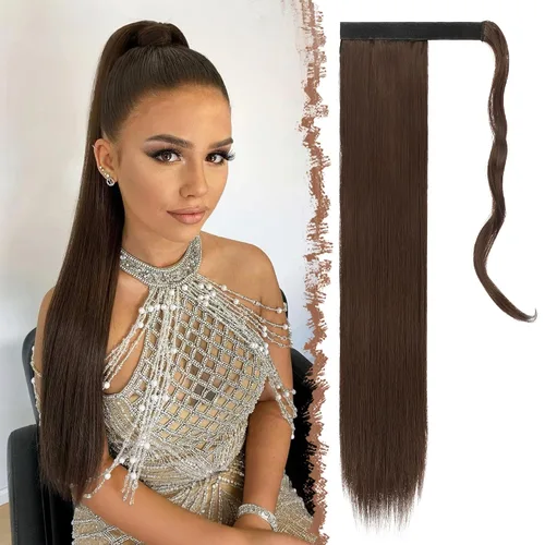 Vista 8 de FESHFEN Extensiones de Cola de Caballo - 24 Pulgadas de Largo Liso Rubio Dorado Envolvente Colas de Caballo Sintéticas Pieza de Cabello Extensiones