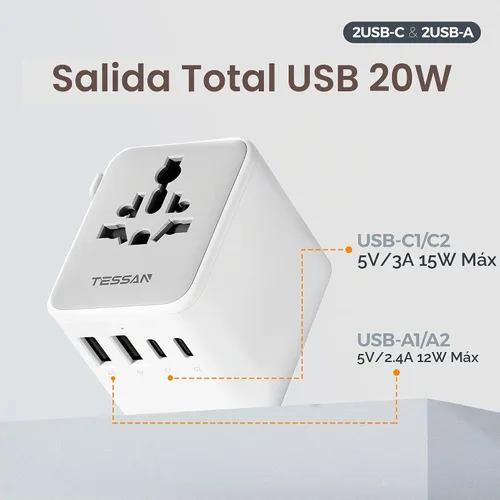 Vista 4 de TESSAN Adaptador de viaje universal, adaptador de corriente internacional Gris-20W
