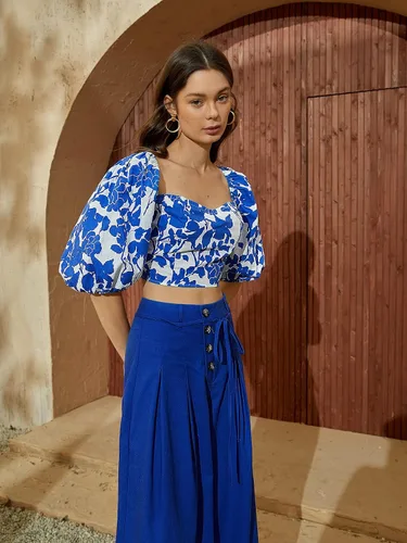 Vista 2 de Floerns Blusa corta con cuello corazón y manga abombada 34 para mujer, con lazo cruzado en la espalda